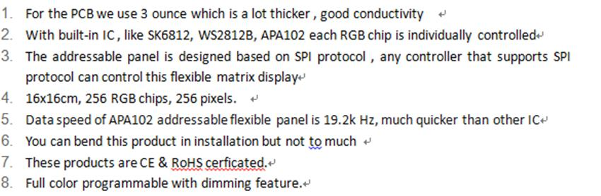 Flexible pixel panel specification