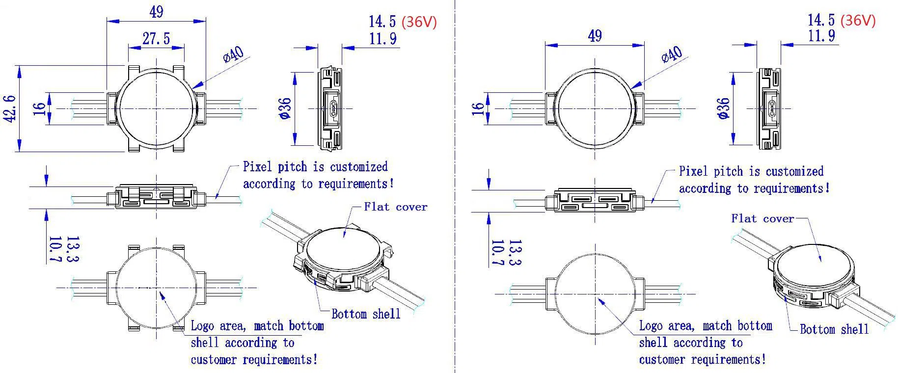 Led dot light flat cover size